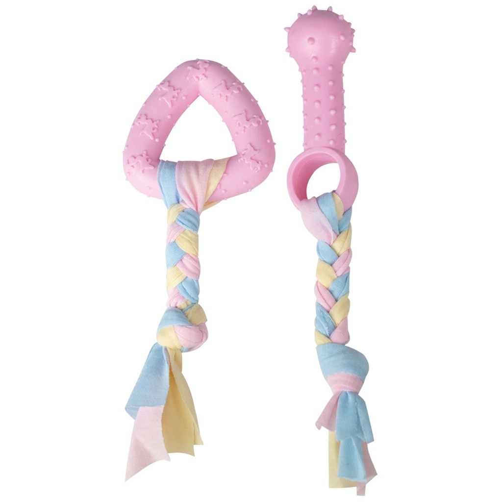 PACK 2 JOUETS CHIOTS ROSES AVEC CORDE 20x3CM ET 18X7CM