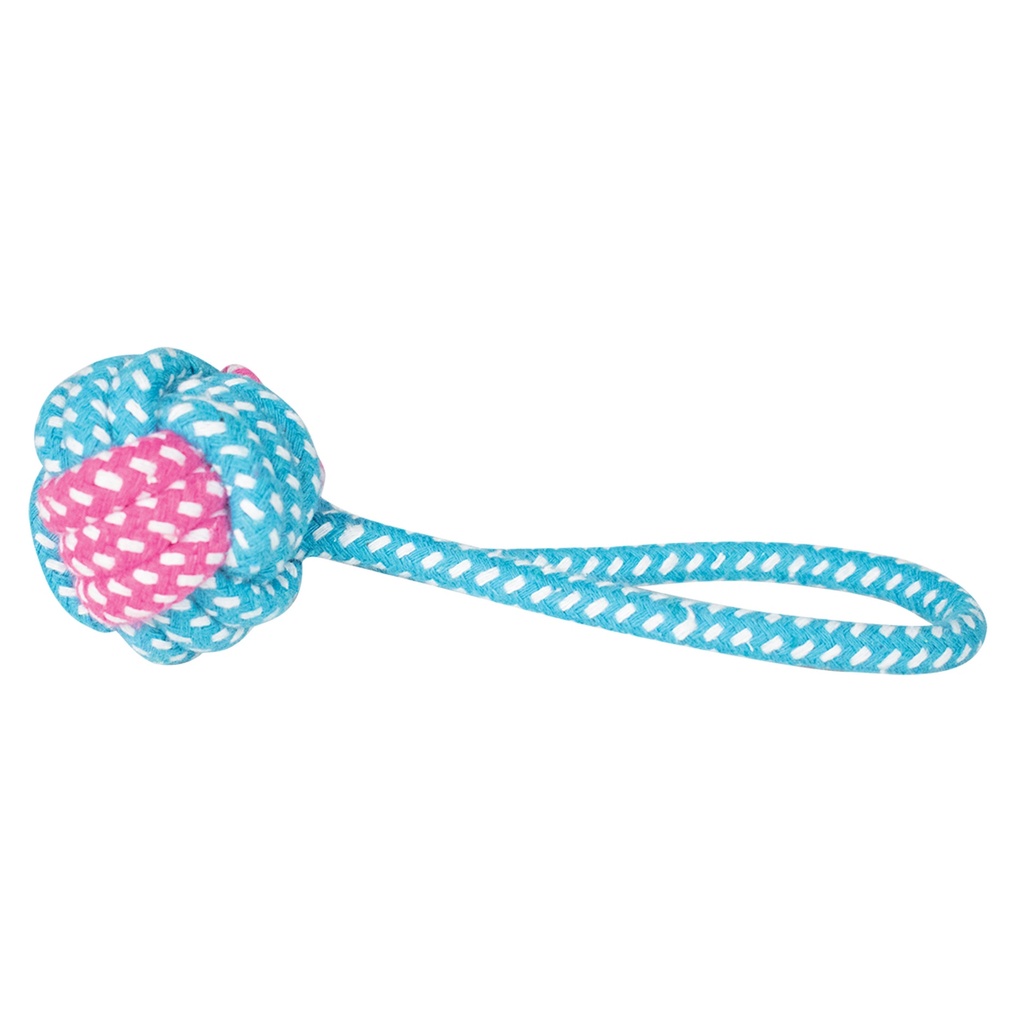 JOUET CORDE BALLE DIAM 5CM POIGNEE BLEU ET ROSE 18CM