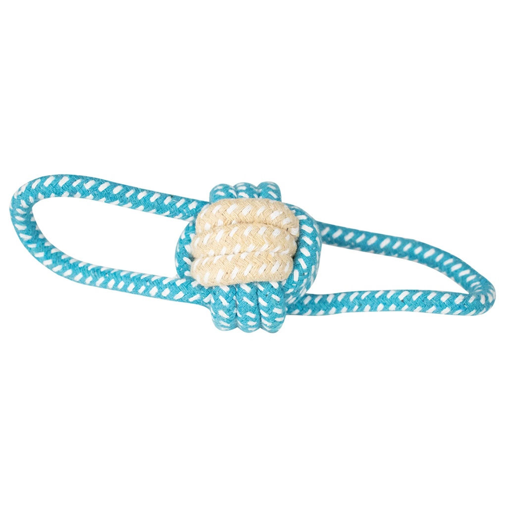JOUET CORDE BALLE DIAM 5CM AVEC DOUBLE HANSE BICOLOR BLEU ET BEIGE 18CM
