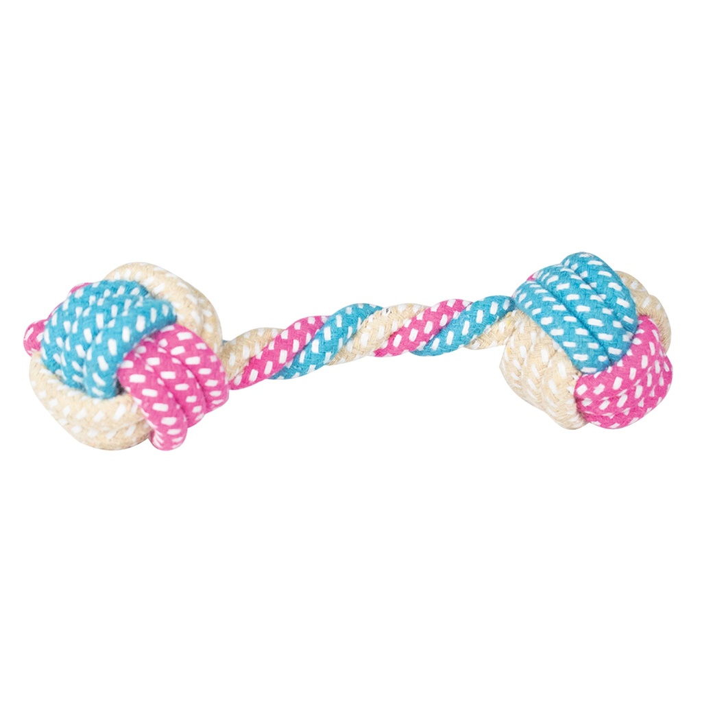 JOUET DOUBLE BALLES DIAM 5CM CORDE TRICOLOR BLEU ROSE BEIGE 18CM