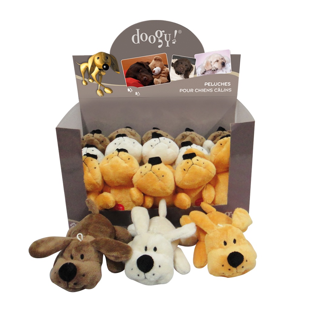 PELUCHES CHIENS COUCHÉS 15 cm DISPLAY DE 15 - COULEURS PANACHÉES