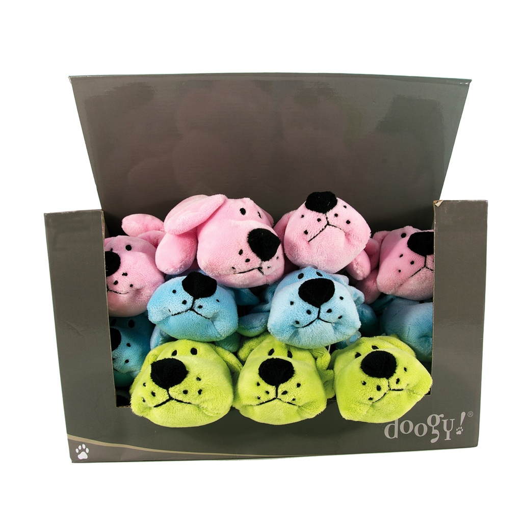 PELUCHES CHIENS COUCHÉS 15 cm DISPLAY DE 15 - ROSE BLEU VERT