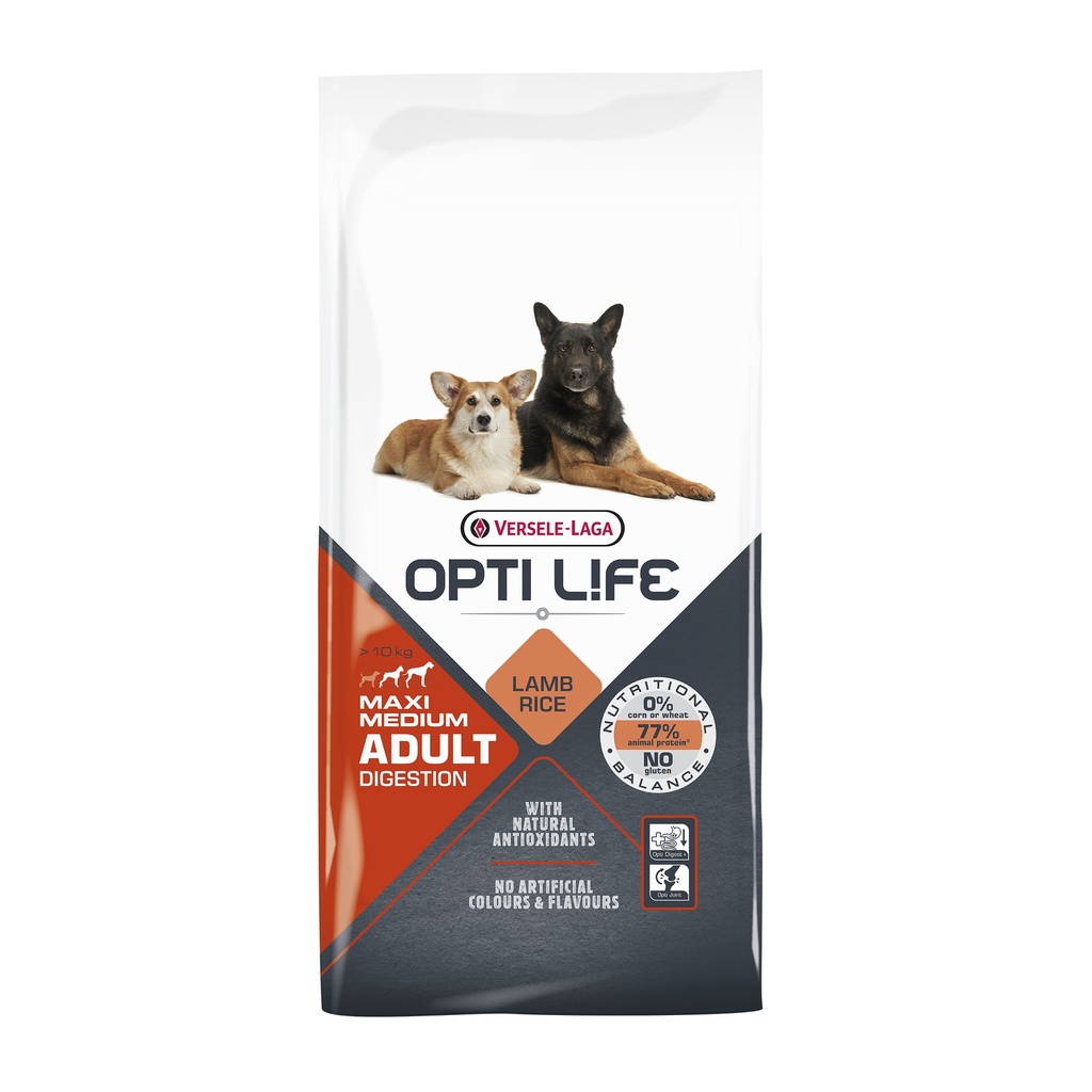 OPTILIFE CHIEN MEDIUM & MAXI ADULT DIGESTION A L'AGNEAU - 12,5KG