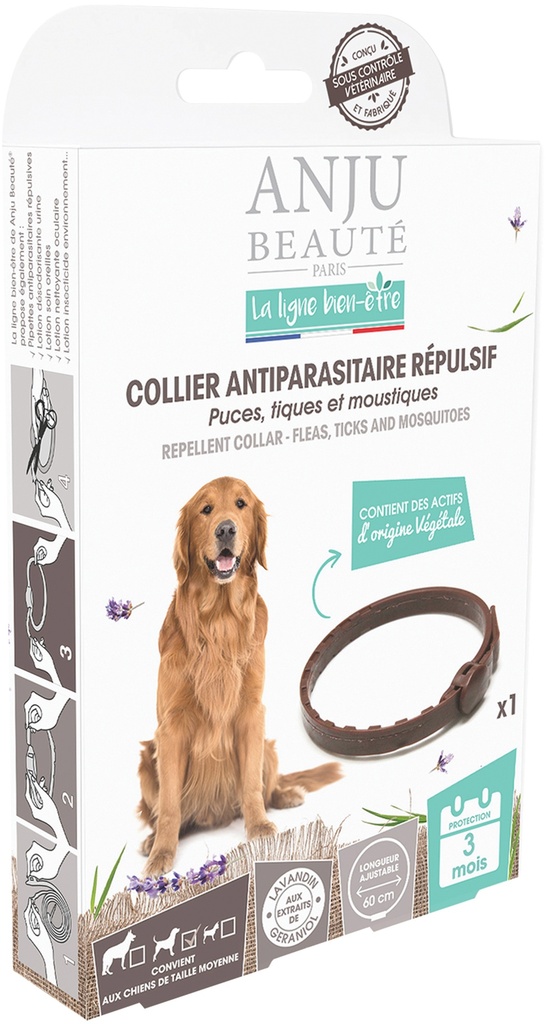 COLLIER ANTIPARA REPULSIF MOYENS CHIENS 60CM ANJU BIEN ETRE - PUCES, TIQUES