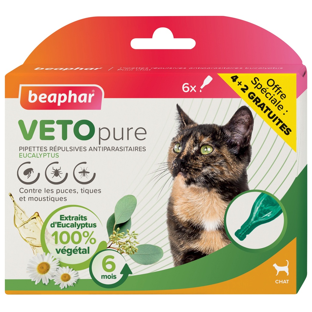 PIPETTES REPULSIVES ANTIPARASITAIRES CHAT (6 X 1 ml) ( DONT 2 OFFERTES) VETO